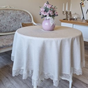 Fata de masa rotunda Natural Linen Umberto maro deschis, cu aplicatii de dantela