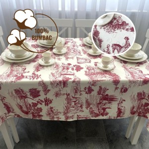 Fata de masa teflonata din bumbac, 140x180 cm, cu peisaj vintage bordo pe fond crem