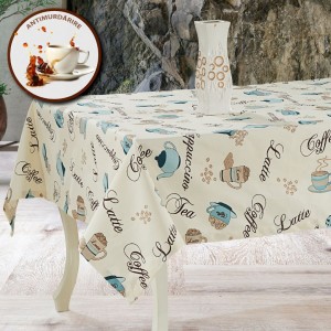 Fata de masa teflonata din bumbac, rotunda, diametru 140 cm, model cafea v1 si cesti, decor elegant pentru mese rotunde