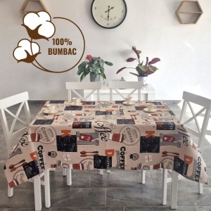Fata de masa rotunda teflonata din bumbac, diametru 140cm model cafea v2, decor elegant pentru mese rotunde