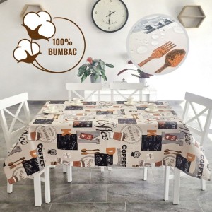 Fata de masa rotunda teflonata din bumbac, diametru 140cm model cu Cafea v3, decor elegant pentru mese rotunde