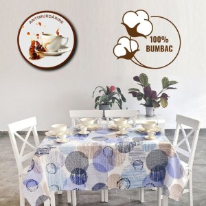 Fata de masa rotunda teflonata din bumbac, diametru 140cm model cercuri albastre/bej, decor elegant pentru mese rotunde