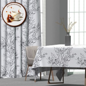 Fata de masa rotunda teflonata din bumbac, diametru 140cm model crengute gri, decor elegant pentru mese rotunde