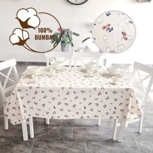 Fata de masa rotunda teflonata din bumbac, diametru 140cm model Floricele albastre, decor elegant pentru mese rotunde