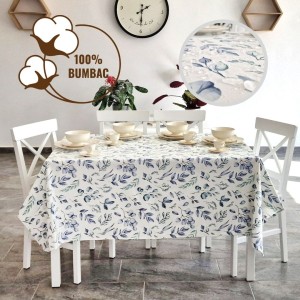 Fata de masa rotunda teflonata din bumbac, diametru 140cm model Frunze albastre-verzi, decor elegant pentru mese rotunde