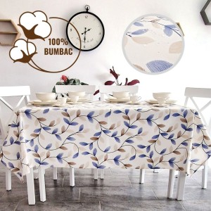 Fata de masa rotunda teflonata din bumbac, diametru 140cm model Frunze albastre si bej, decor elegant pentru mese rotunde