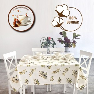 Fata de masa rotunda teflonata din bumbac, diametru 140cm model Frunze de Maslin, decor elegant pentru mese rotunde