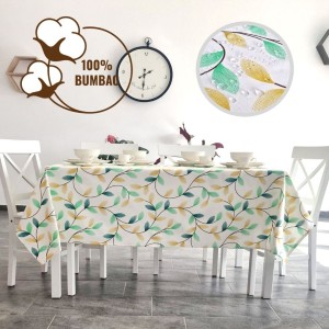 Fata de masa rotunda teflonata din bumbac, diametru 140cm model Frunze galben-verde, decor elegant pentru mese rotunde