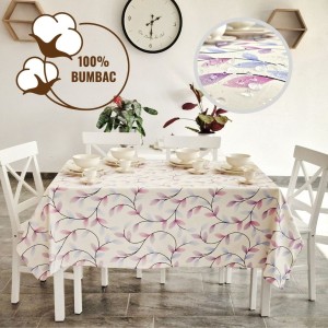 Fata de masa rotunda teflonata din bumbac, diametru 140cm model Frunze roz-lila, decor elegant pentru mese rotunde