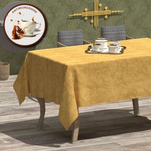 Fata de masa teflonata din bumbac, rotunda, diametru 140 cm, galbena, decor elegant pentru mese rotunde