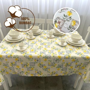 Fata de masa rotunda teflonata din bumbac, diametru 140cm model cu imprimeu lamai si ceramica albastra