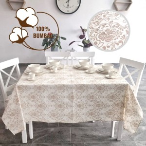 Fata de masa rotunda teflonata din bumbac, diametru 140cm model bej baroc, decor elegant pentru mese rotunde