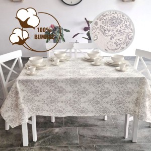 Fata de masa rotunda teflonata din bumbac, diametru 140cm model baroc gri, decor elegant pentru mese rotunde