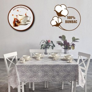 Fata de masa rotunda teflonata din bumbac, diametru 140cm model baroc gri V1, decor elegant pentru mese rotunde