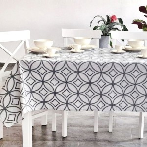 Fata de masa rotunda teflonata din bumbac, diametru 140cm model geometric cu cercuri, decor elegant pentru mese rotunde