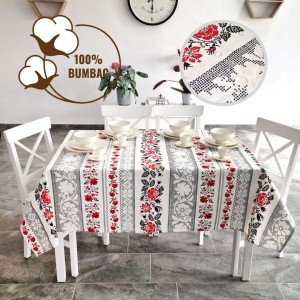 Fata de masa rotunda teflonata din bumbac, diametru 140cm model traditional, decor elegant pentru mese rotunde
