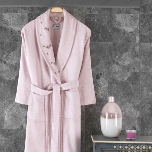 Halat de baie bambus 100% cu broderie, mar L, Little Rose Roz Pudra