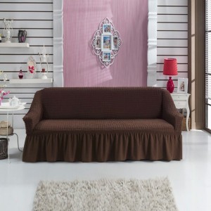 Husa elastica din material creponat, cu volan, canapea 2 locuri, Maro Inchis (6057)