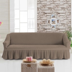 Husa elastica din material creponat, cu volan, pentru canapea 3 locuri, Maro (Light Brown)