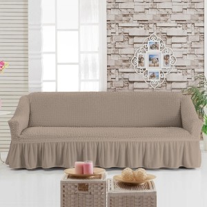 Husa elastica din material creponat, cu volan, pentru canapea 3 locuri, Maro Deschis (Taupe)