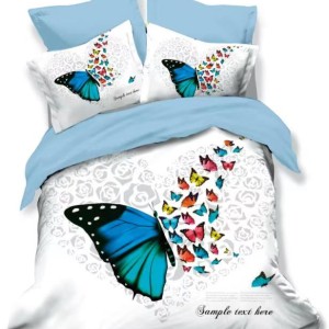 Lenjerie de pat dublu din finet 3D, 6 piese, cu fluturi colorați și fundal alb cu trandafiri, aducând prospețime și veselie în dormitor.