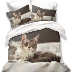 Lenjerie de pat dublu finet cu imagine de pisică gri pe fundal alb și gri, 6 piese