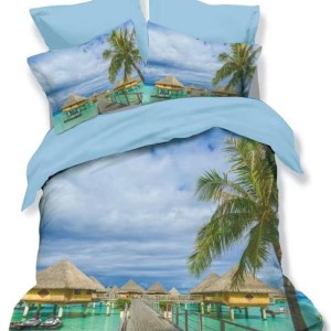 Lenjerie de pat dublu finet cu peisaj tropical de bungalow-uri pe apă și palmieri, 6 piese