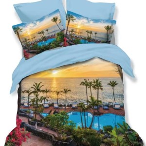 Lenjerie de pat dublu finet cu peisaj tropical și apus de soare pe fundal albastru deschis, 6 piese