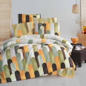 Lenjerie creponata pentru o persoana, din bumbac 100%, cu model geometric verde-portocaliu