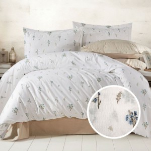 Lenjerie creponata 1 persoana cu flori bleu, bumbac 100%, cearceaf pilota 160x220cm