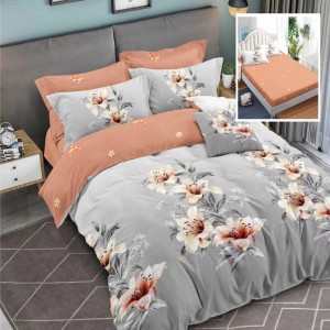 Lenjerie de pat dublu din finet cu design elegant de crini pe fundal gri și portocaliu, 6 piese, cu cearceaf cu elastic pentru fixare perfectă