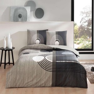Lenjerie de pat din bumbac ranforce Tac, design geometric modern cu cercuri și linii în nuanțe de gri, alb și negru, cu cearșaf elastic
