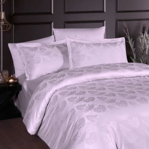 Lenjerie de lux pat dublu jacquard satin 6 piese, First Choice, Nichol Lila cu frunze