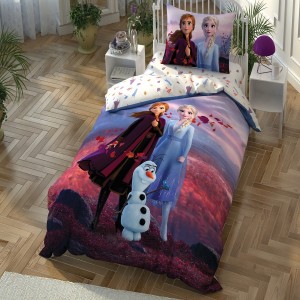 Lenjerie de pat Disney Frozen Anna și Elsa, față-verso, cu Elsa, Anna și Olaf, design mov, roz și albastru, 3 piese, bumbac
