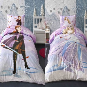 Lenjerie de pat Disney Frozen cu Anna și Elsa, lila, alb, albastru, set de 3 piese, două fețe.
