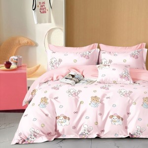 Lenjerie de pat 1 persoana percale copii cu iepurasi si ursuleti, bumbac 100%, cearceaf pilota 150x220cm