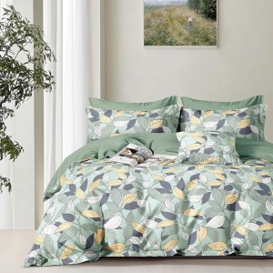 Lenjerie pat 1 persoana cu frunze verzi si galbene din bumbac percale, fabricata in Romania