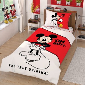 Lenjerie de pat Disney Mickey Mouse Calendar, cu Mickey Mouse, text Oh Boy! și The True Original, nuanțe de roșu, alb și negru, 3 piese, bumbac
