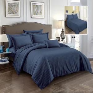 Set de lenjerie de pat albastră din damasc policoton pentru pat dublu