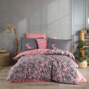 Lenjerie de pat Hobby Home cu model floral și zigzag roz pe fundal gri pentru decor modern