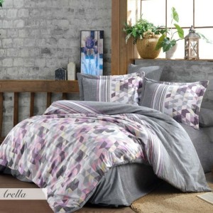 Set de lenjerie de pat Hobby Home cu model geometric colorat pe fundal gri, perfect pentru decor modern