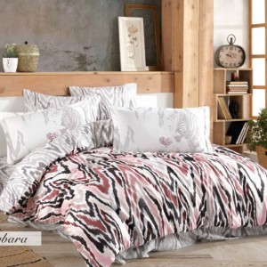 Lenjerie de pat cu dungi roz prăfuit și gri, Poplin Percale Barbara Dusty Rose, bumbac 100%, cearșaf pilotă, cearșaf pat, fețe de pernă