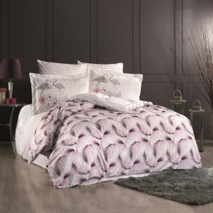 Lenjerie de pat poplin cu pene roz și flamingo, din bumbac 100%, set de 4 piese