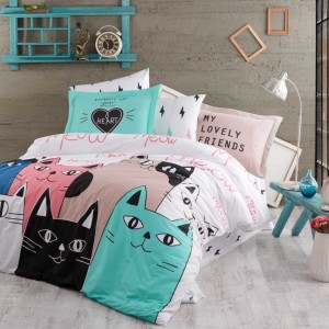 Lenjerie de pat bumbac 100% poplin, Hobby Home, Love Cats - Pink