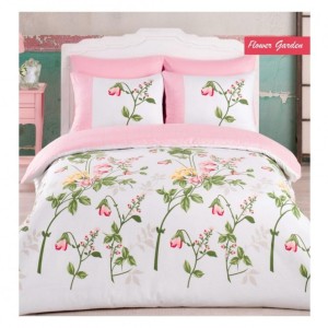 Lenjerie de pat din bumbac 100% ranforce cu design floral în nuanțe delicate de roz și verde pe fundal alb