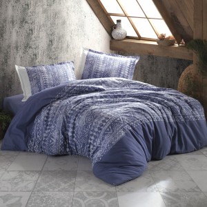 Lenjerie de pat dublu cu design etnic albastru și alb, motive geometrice, bumbac 100% ranforce