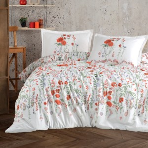 Lenjerie de pat Elyese din bumbac 100% ranforce, design floral vesel în nuanțe de alb, roșu și verde