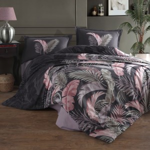 Lenjerie de pat din bumbac 100% ranforce, Pucioasa, model Hena, în nuanțe de negru, roz și gri cu design tropical