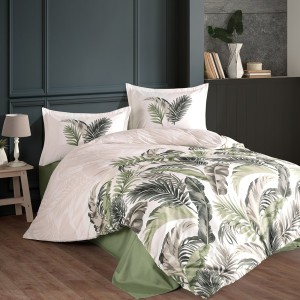 Lenjerie de pat din bumbac 100% ranforce, Pucioasa, model Hena V2, în nuanțe de alb, verde și gri cu design tropical