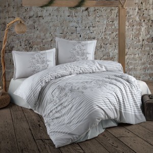 Lenjerie de pat din bumbac ranforce Pucioasa, design dungi gri și motive florale pe fundal alb